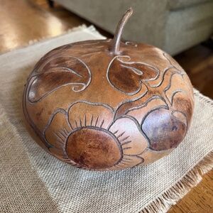 1977 Hand Carved Gourd Pumpkin Floral Foliage Design Artist Signed Brown Etched